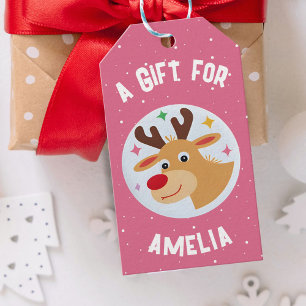 Cute Reindeer Snowflakes Kid`s Name Christmas Gift Tags