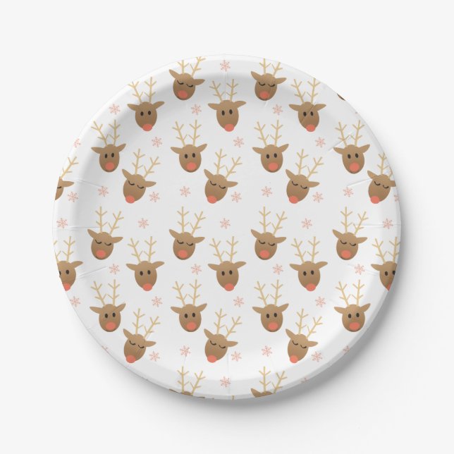 Cute Reindeer Snowflakes Pattern Orange Paper Plate (Front)