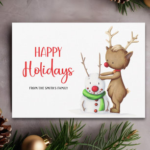 Cute Reindeer Snowman Happy Holidays Holiday Card