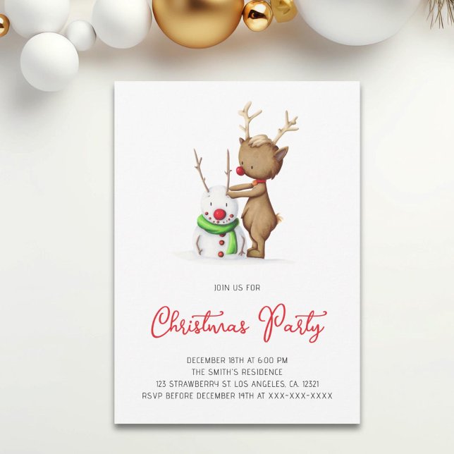 Cute Reindeer Snowman Holiday Christmas Party Invitation (Creator Uploaded)