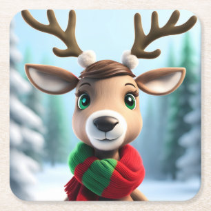 Cute Reindeer Square Paper Coaster