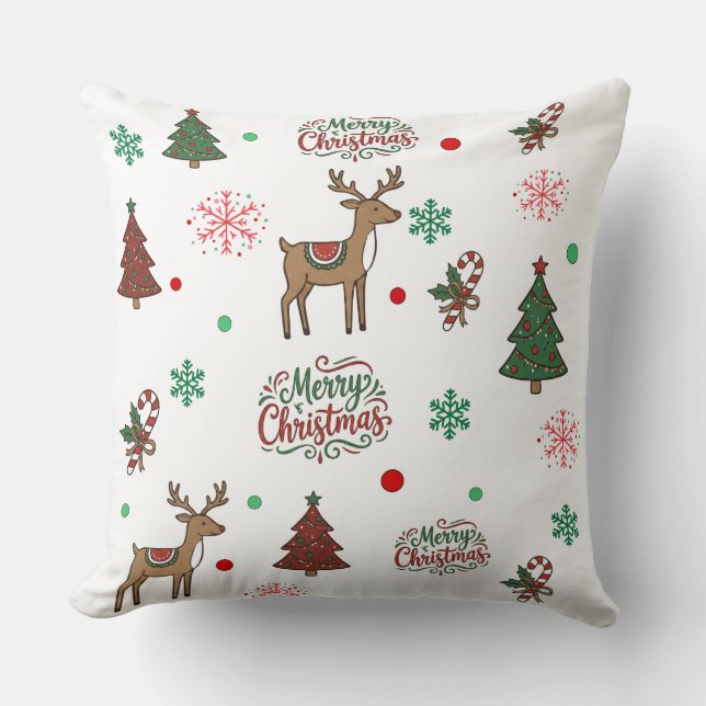 Cute Reindeer & Tree Merry Christmas Pattern Throw Cushion (Front)