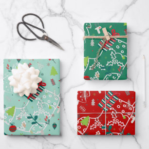 Cute Reindeer, Trees & Snowflakes Festive Design Wrapping Paper Sheet