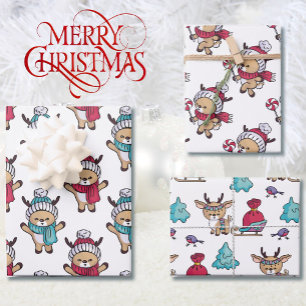 Cute Reindeer Winter Scarves at Christmas Wrapping Paper Sheet