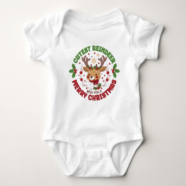 Cute Reindeer Wish You A Merry Christmas Baby Bodysuit (Front)