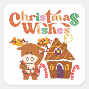 Cute Reindeer With Christmas Lights Happy Holidays Square Sticker
