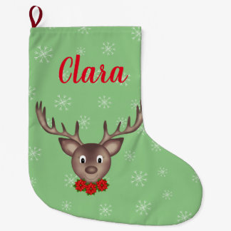 Cute reindeer with flowers add name large christmas stocking
