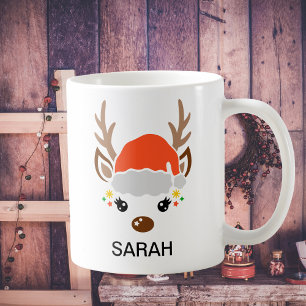 Cute Reindeer with Santa Hat Custom Name Coffee Mug