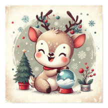 Cute Reindeer With Snowglobe Kids Room Wall Art
