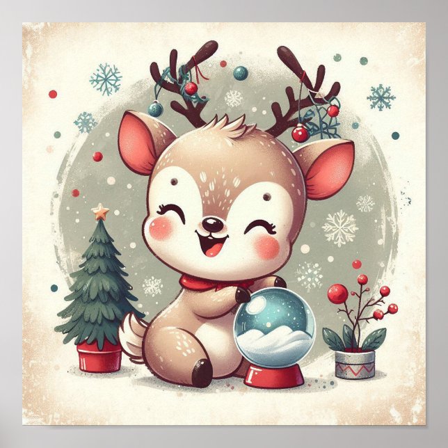 Cute Reindeer With Snowglobe Kids Room Wall Art (Front)