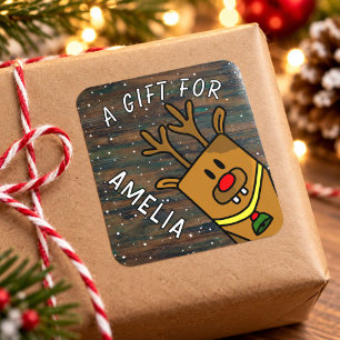 Cute Reindeer Wood Kid`s Name Christmas Gift Square Sticker