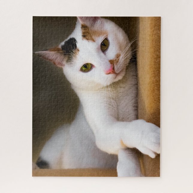 Cute Relaxing White Calico Cat Puzzle (Vertical)
