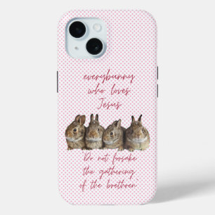Cute Religious Pink Dot Brown Bunnies Cuddling iPhone 15 Case