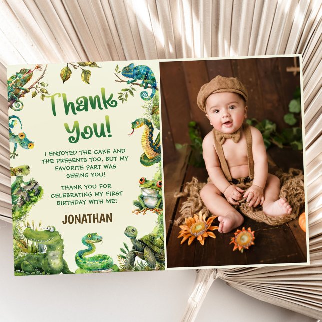 Cute Reptile Themed Kid's Birthday Photo Thank You Card (Creator Uploaded)