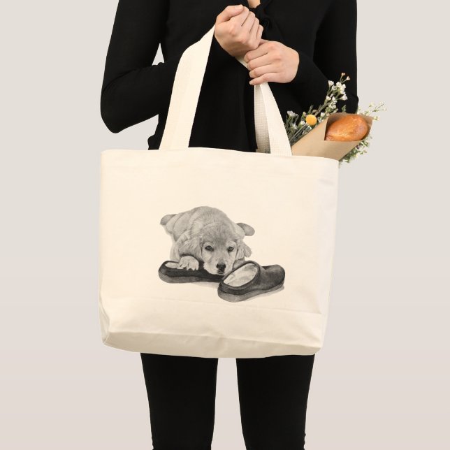 Cute retriever puppy dog black and white art large tote bag (Front (Product))