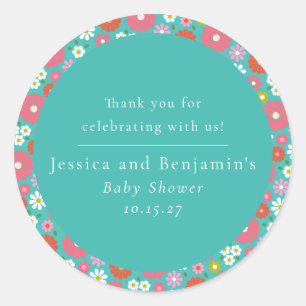 Cute Retro 60s Flower Turquoise Custom Baby Shower Classic Round Sticker