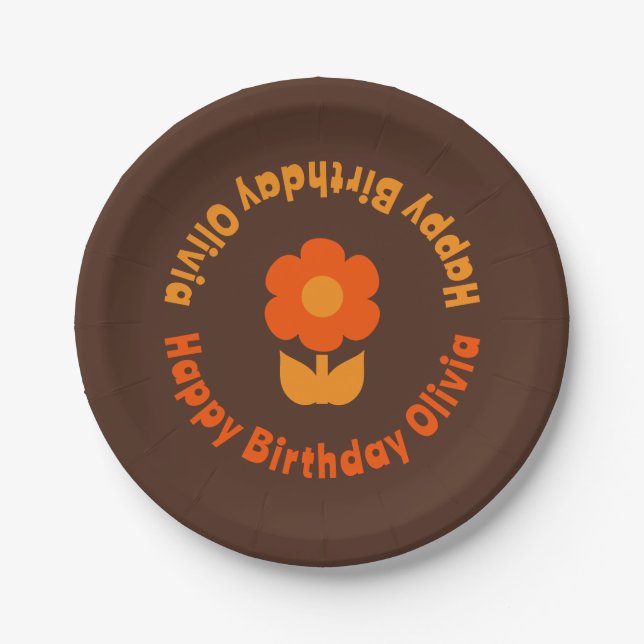 Cute Retro 70s Flower Orange Brown Birthday Paper Plate