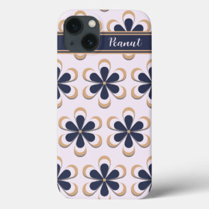 Cute Retro 70's Flower Power Navy-Barely Pink iPhone 13 Case