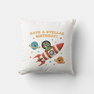 Cute Retro Alien in Rocket Ship Stellar Space Bi Cushion
