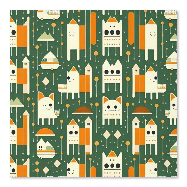 Cute Retro Animal and House Pattern Design Wallpaper (Front)