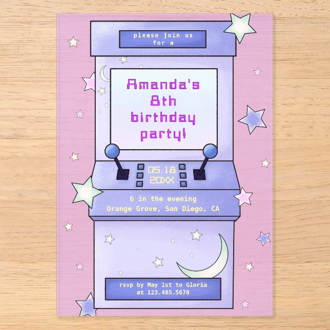 Cute Retro Arcade Game Kids Birthday Acrylic Invitations (Front)
