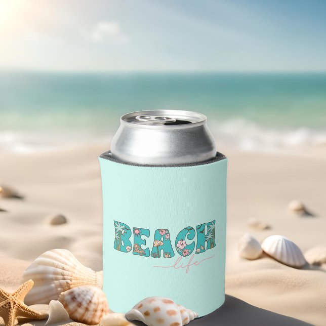 Cute Retro Beach Life Can Cooler (Keep your beverage cool with this whimsical can cooler.)