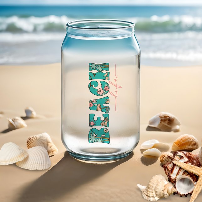 Cute Retro Beach Life  Can Glass (Available as a single glass or in sets of two or four glasses, perfect for enjoying the beach life!)
