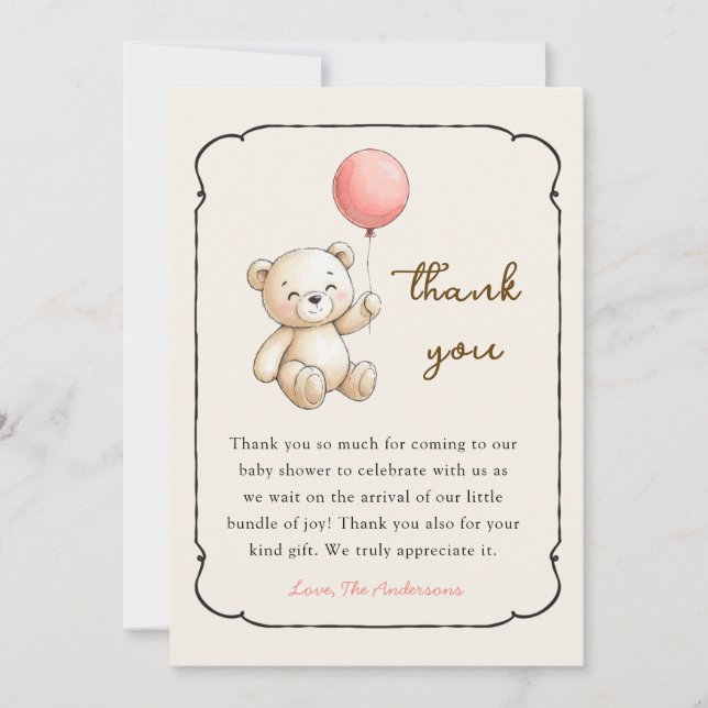 Cute retro Bear Baby girl shower Thank you card (Front)