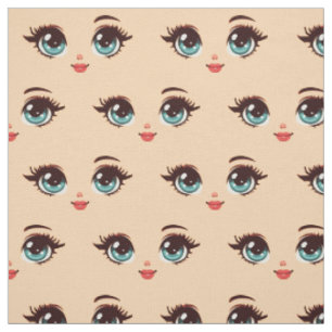 cute retro big blue ye girl cartoon doll face fabric