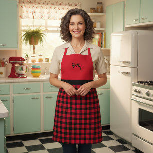 Cute Retro Black and Red Buffalo Plaid Customized Apron