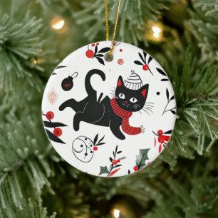 Cute Retro Black Cat Christmas Ceramic Tree Decoration