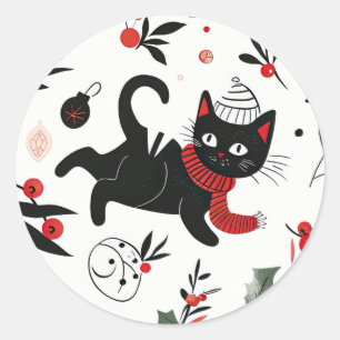 Cute Retro Black Cat Christmas Classic Round Sticker
