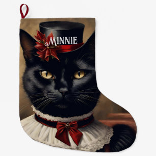 Cute Retro Black Cat Christmas Large Christmas Stocking