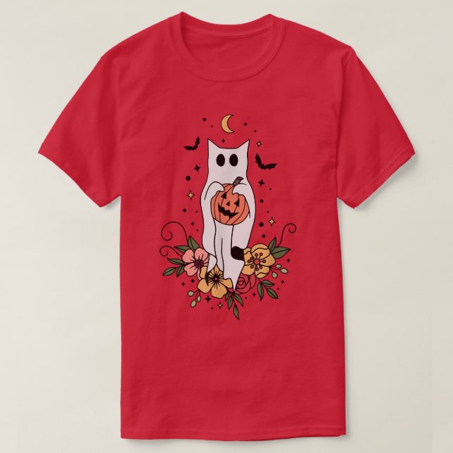 Cute Retro Black Cat Ghost Flower Fall Halloween C T-Shirt (Design Front)