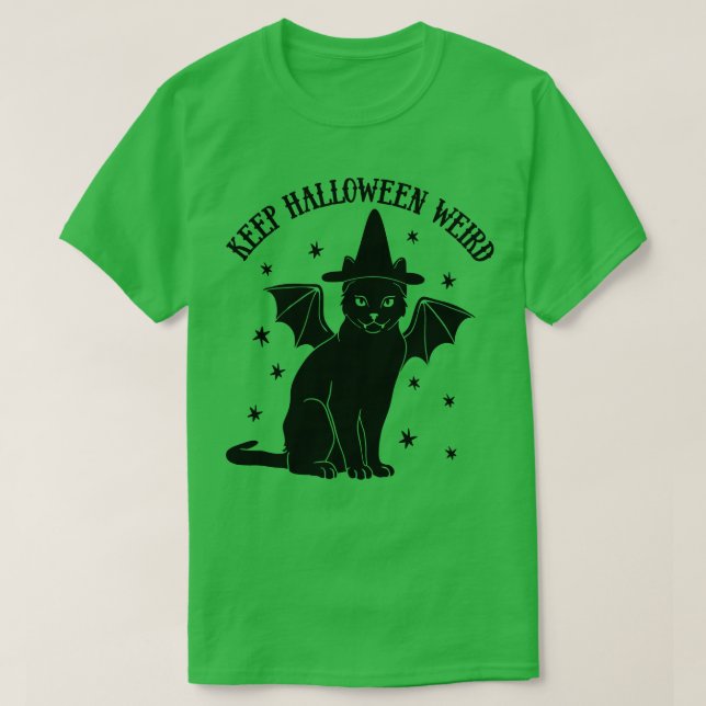 Cute Retro Black Cat Witch Bat Keep Halloween Weir T-Shirt (Design Front)