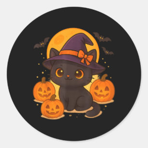 Cute Retro Black Cat Witch Pumpkin Halloween Classic Round Sticker