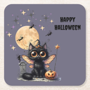 Cute Retro Black Wide-Eyed Kitten Halloween Square Paper Coaster