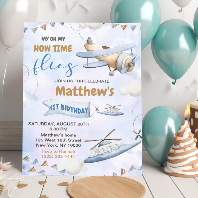 Cute Retro Blue Aeroplane 1st Birthday Invitation (Creator Uploaded)