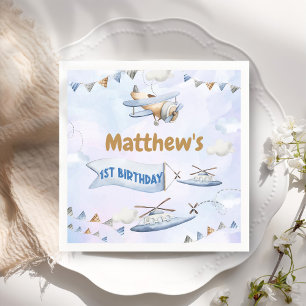 Cute Retro Blue Aeroplane 1st Birthday Napkin