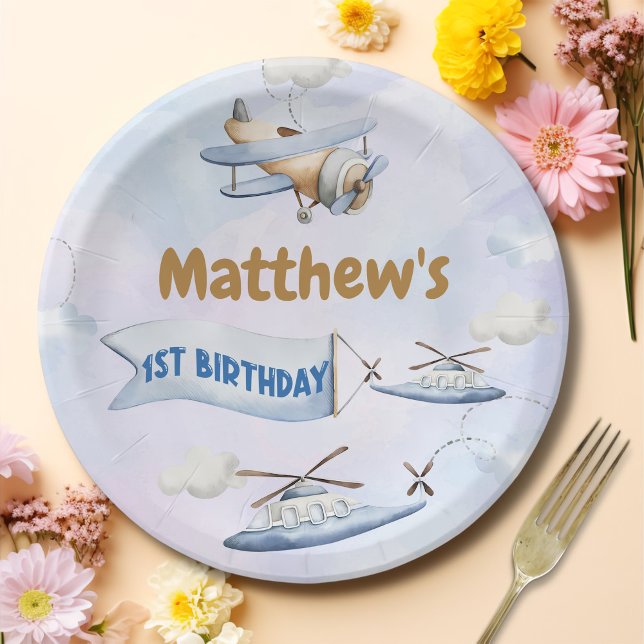 Cute Retro Blue Aeroplane 1st Birthday Paper Plate (Creator Uploaded)