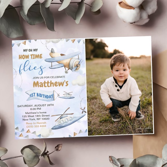 Cute Retro Blue Aeroplane 1st Birthday Photo Invitation (Creator Uploaded)
