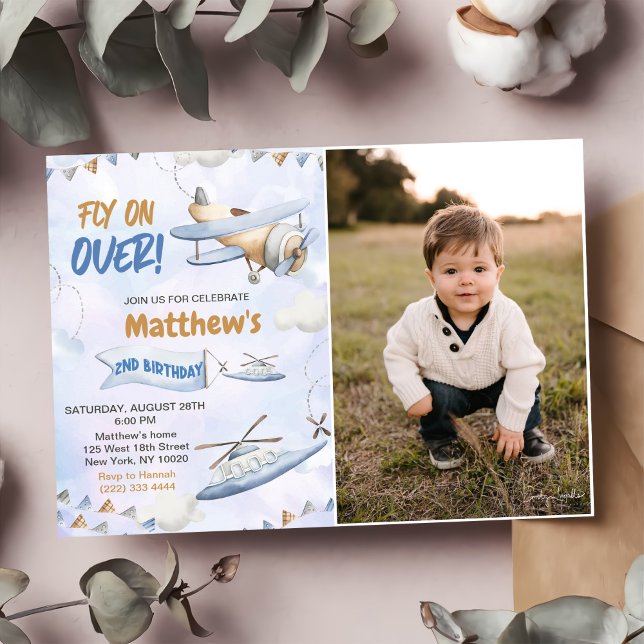 Cute Retro Blue Aeroplane Fly On Over 2nd Birthday Invitation (Creator Uploaded)