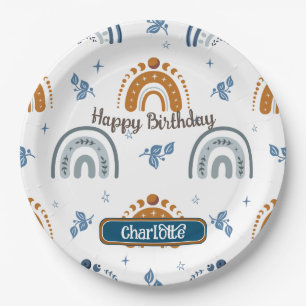 Cute Retro Boho Celestial Pattern Birthday Paper Plate