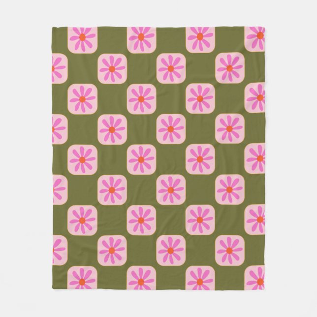Cute Retro Boho Chequerboard Flower Green Pink  Fleece Blanket (Front)