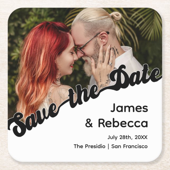 Cute Retro Boho Minimalist Quirky Text & Photo Square Paper Coaster (Front)