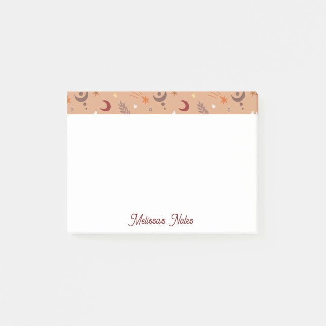 Cute Retro Brown Boho Whimsical Name Personalised  Post-it Notes (Front)