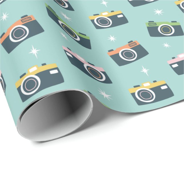 Cute Retro Camera's on light blue Wrapping Paper (Roll Corner)