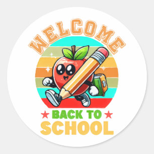 Cute Retro Cartoon Apple Welcome Back To School Classic Round Sticker