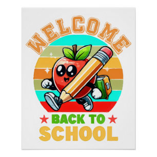 Cute Retro Cartoon Apple   Welcome Back To School  Poster