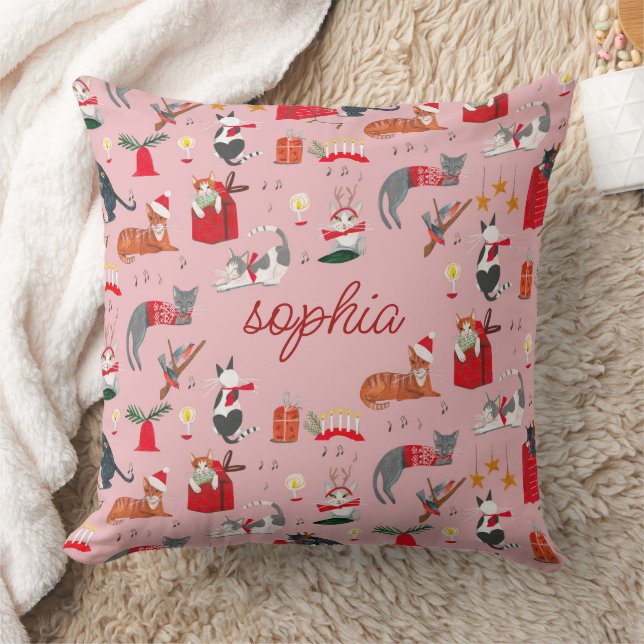 Cute retro cat pink Christmas pattern  Baby Blanke Cushion (Blanket)